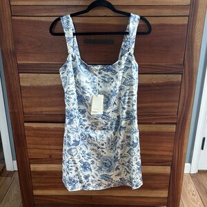 White and Blue Floral Mini Dress - Sleeveless Square Neck
